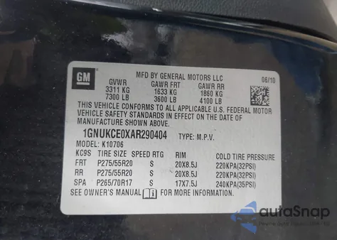 2010 Chevrolet Tahoe Ltz z USA, uszkodzony, nr VIN 1GNUKCE0XAR290404